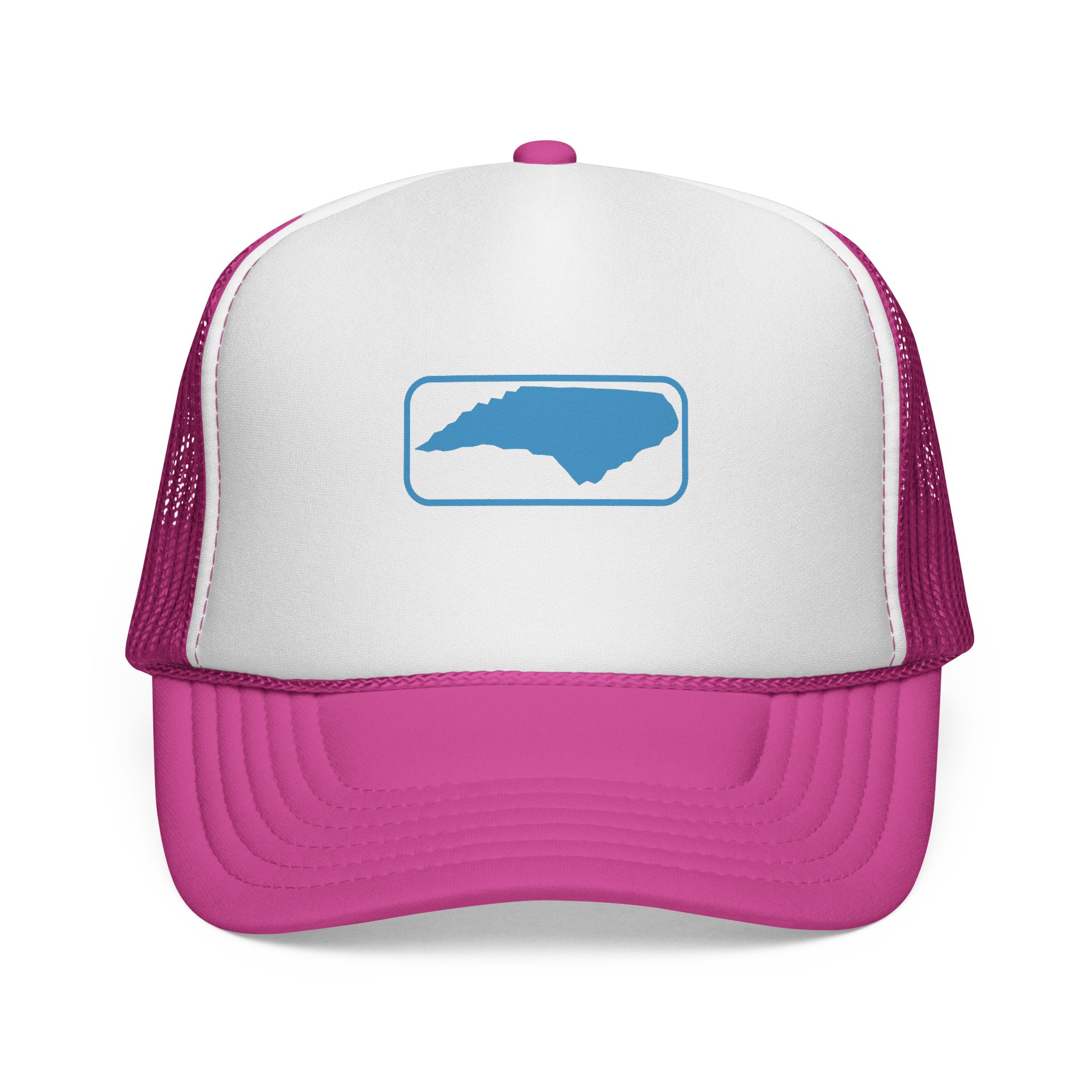 Front view of pink and white cap with outlined blue North Carolina state design