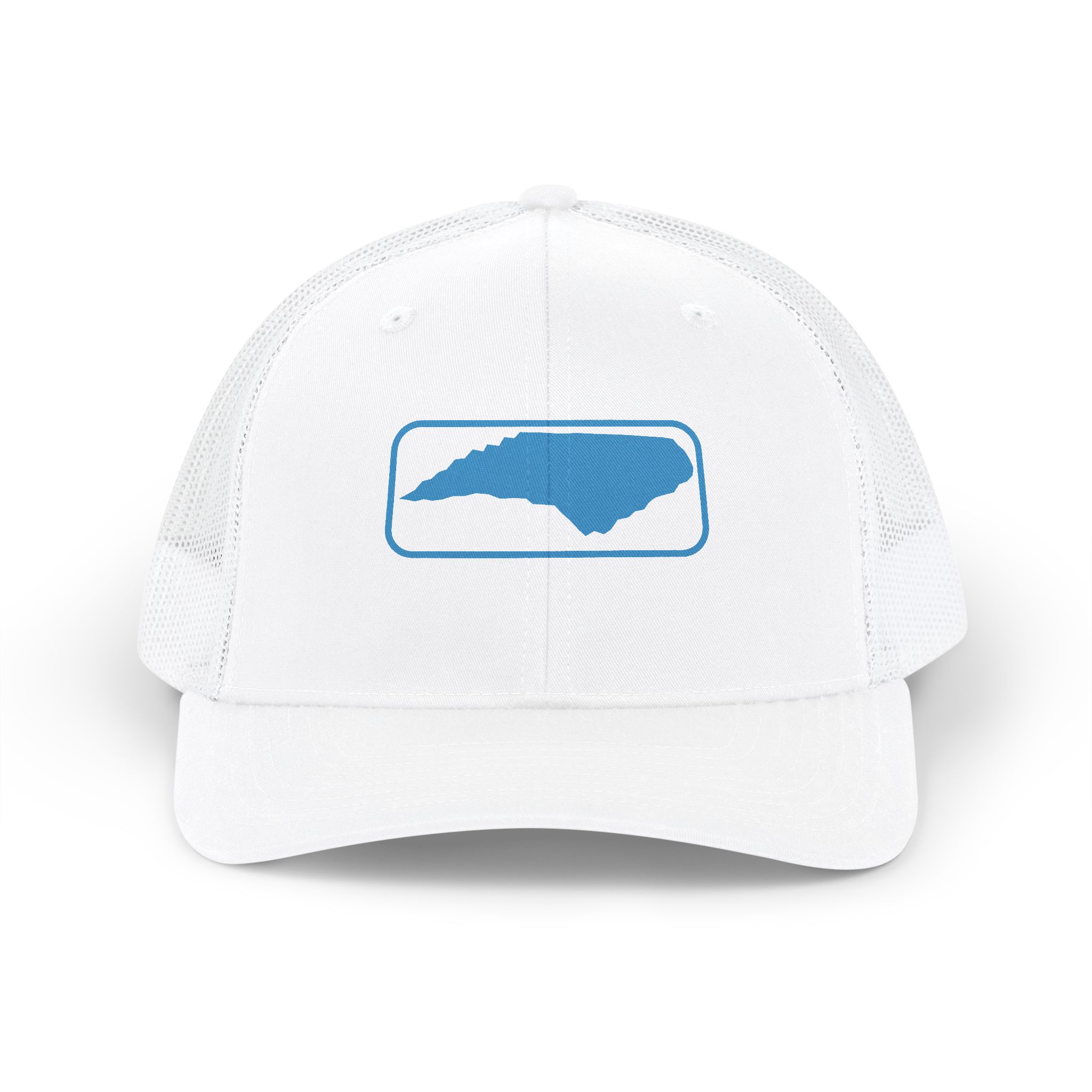 Front view of white cap with outlined blue North Carolina state design